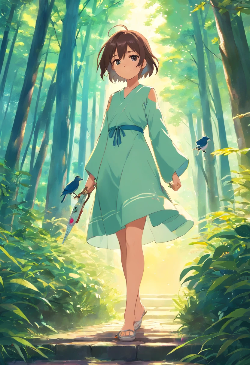 (best quality,Altas:1.2),fotorrealista,anime,princesa,garota,vestido branco,pequeno,可爱,cartoon dog,(Lowered girl holding a small injured bird)nas maosRio Claro,Floresta,luz solar,contato visual