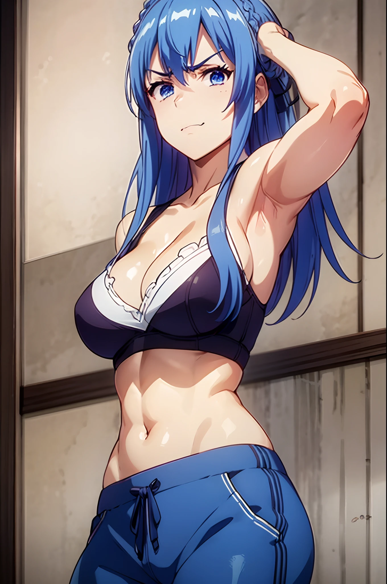 blue hair,blue eyes,masterpiece, best quality, photorealistic, yujiasuit, yoga sports bra, yoga pants, 1girl, solo, , yoga ball, pants, looking at viewer, smile, green sports bra, simple background, , midriff, long hair, breasts, green pants, sportswear, tank top, upper body,((looking disgusted))
very angry
disappointed