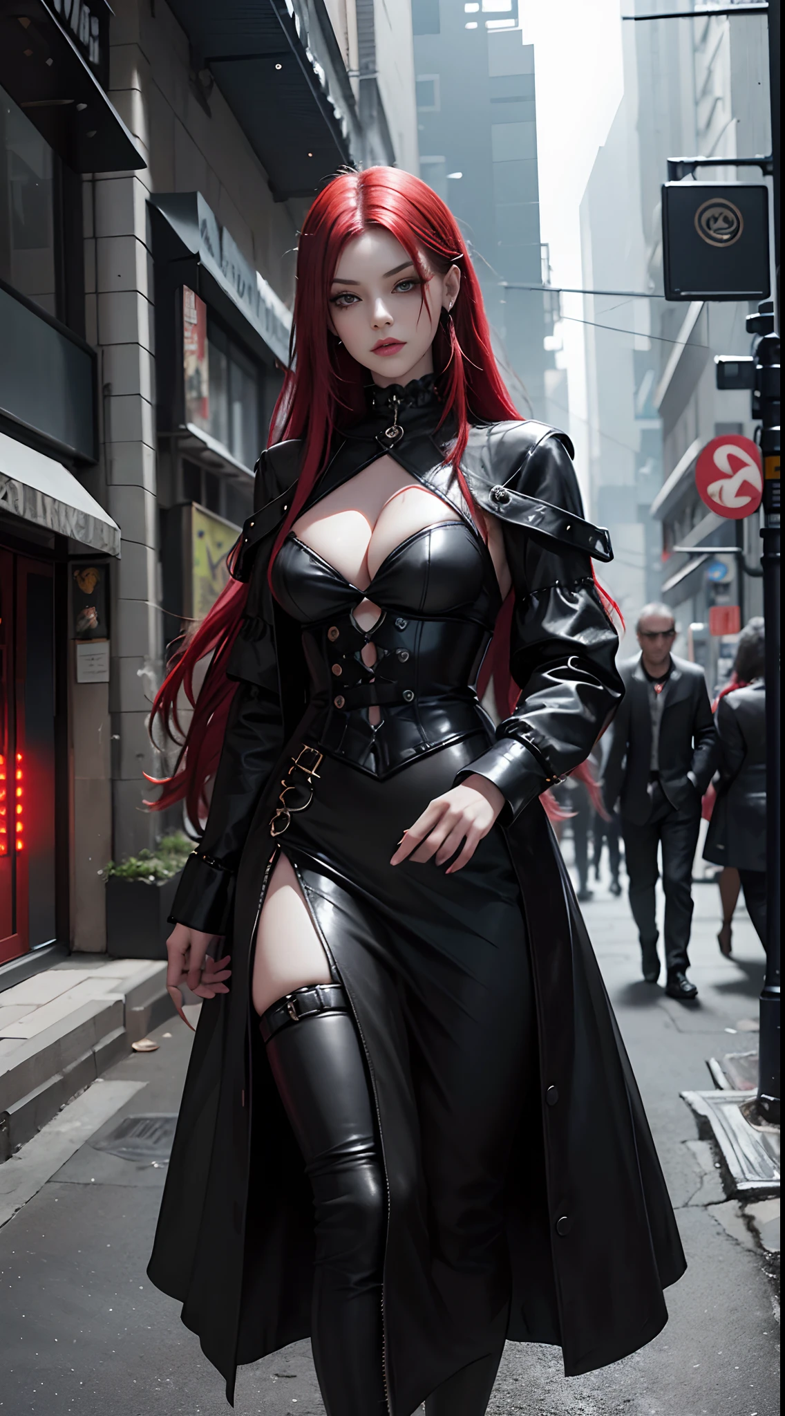 (Best Quality,4K,High resolution), 18yo woman, Red mesh hair on black hair, Long hair, Straight hair,  , Comical appearance，Alafed woman in black dress walks through the city, rococo cyberpunk, gothic - cyberpunk, gothic city streets behind her, ornamental gothic - cyberpunk, Gothic and the future, Alice in Wonderland Cyberpunk, Cyberpunk Dress, Cyberpunk High Fashion, inspired victorian sci - fi, seductive cyberpunk dark fantasy, dark fantasy style, Dark Cyberpunk, Gothic Maiden anime girl, victorian gothic lolita fashion