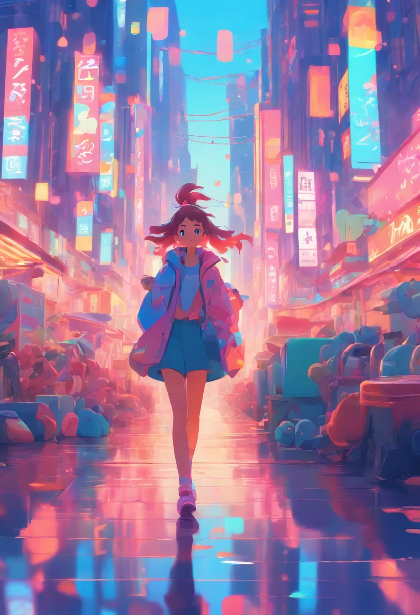 illustration of a woman walking through a city with various objects, editorial illustration pastelcolor, in style of james gilleard, illustration style, james gilleard artwork, flat illustration, in style of digital illustration, magazine illustrations, editorial illustration, digital illustration -, #illustration, magazine illustration, inspired by James Gilleard, modern illustration, illustration | rutkowski, stylized digital illustration