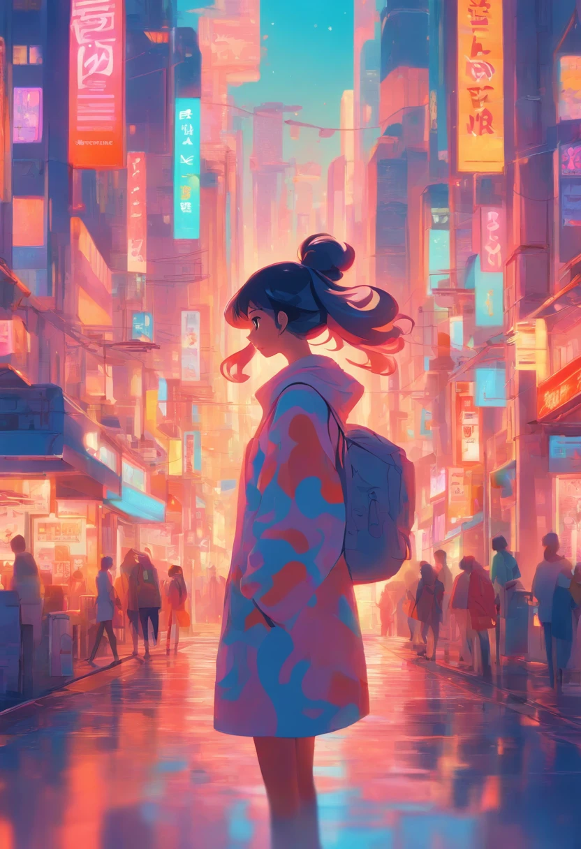 illustration of a woman walking through a city with various objects, editorial illustration pastelcolor, in style of james gilleard, illustration style, james gilleard artwork, flat illustration, in style of digital illustration, magazine illustrations, editorial illustration, digital illustration -, #illustration, magazine illustration, inspired by James Gilleard, modern illustration, illustration | rutkowski, stylized digital illustration