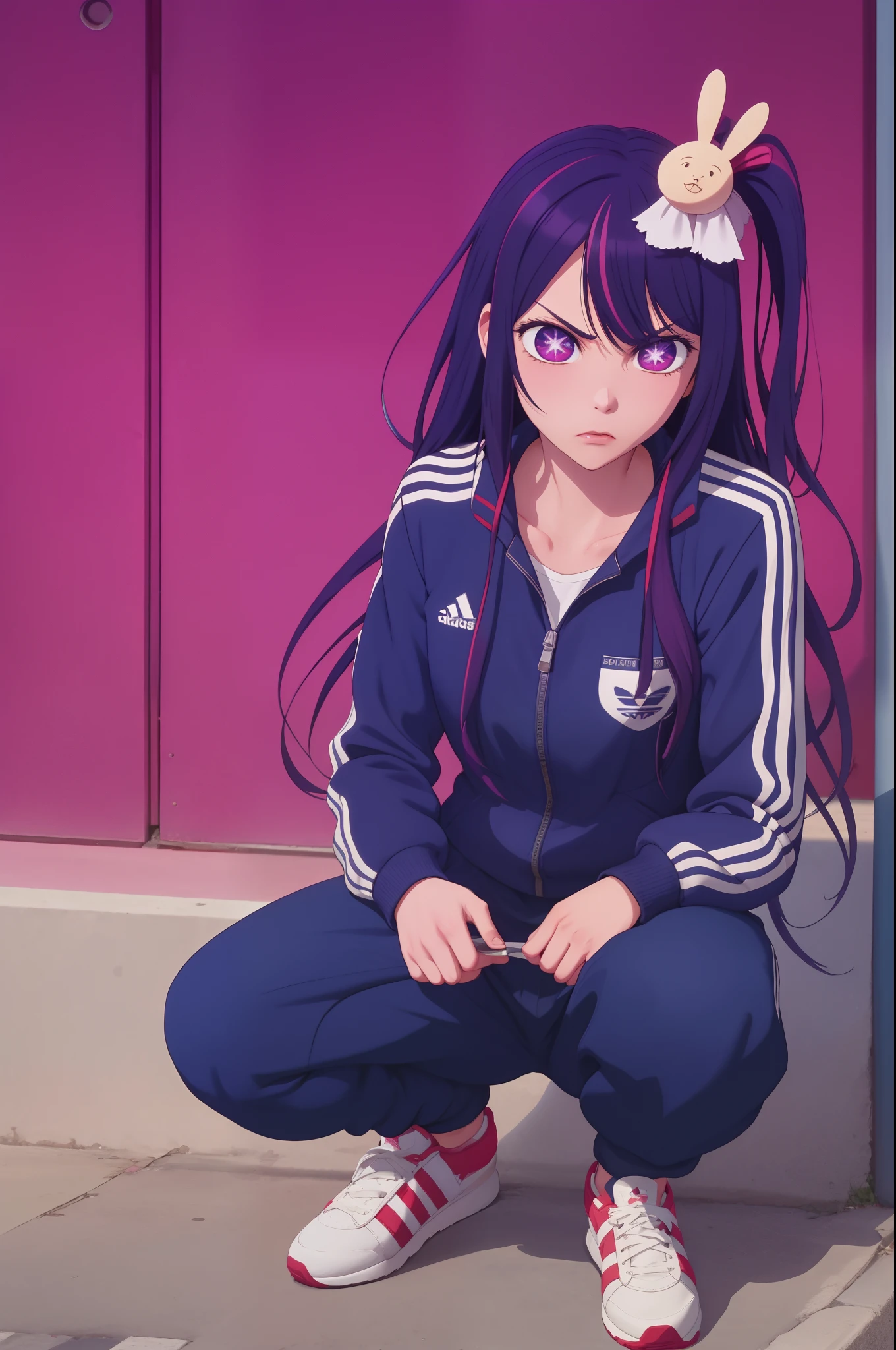 Hoshino Ai, long hair, purple hair, streaked hair ,purple eyes, star-shaped pupils, hair ornament, wearing adidas tracksuit slav squatting with both of her hands in her pants pockets with a mean face