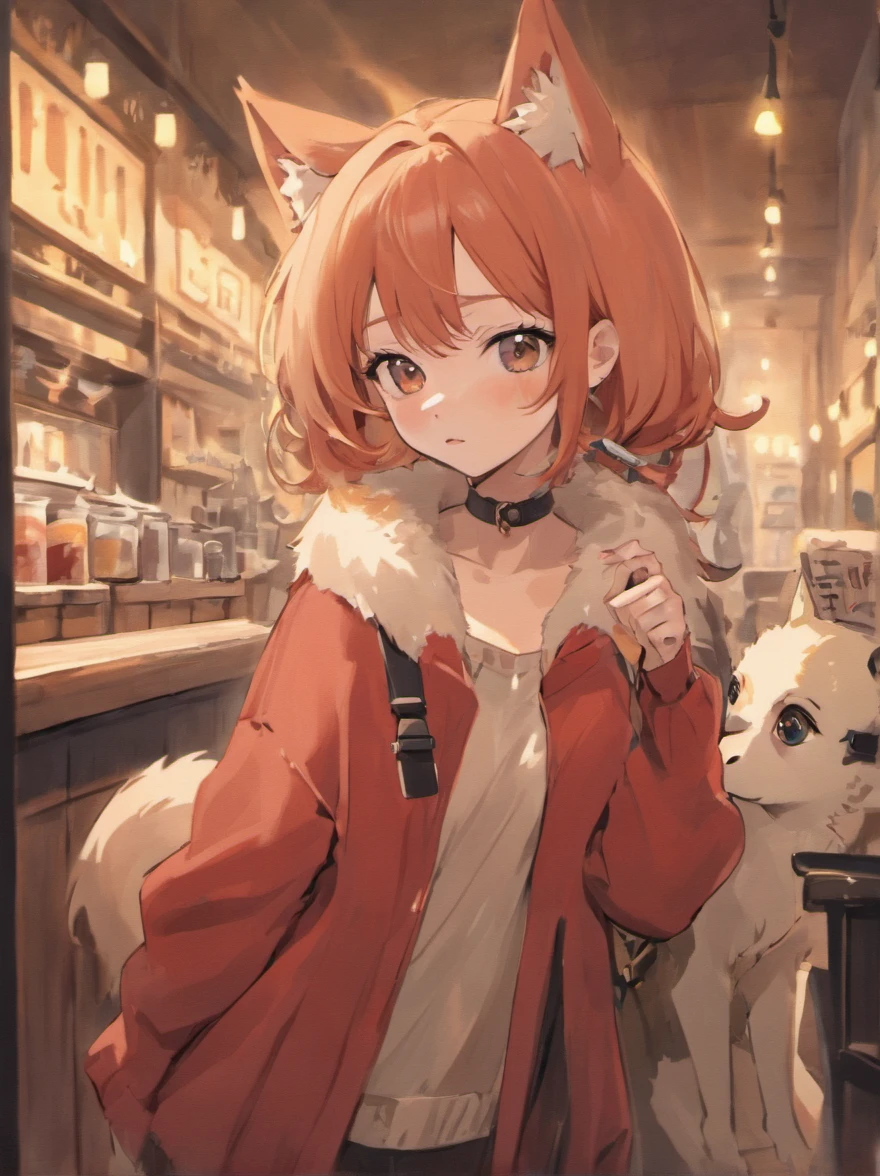 woman with fox ears, furry, 1girl, mature woman,dog ears,fluffy dog tail, bangs, bare_shoulders, redish_hair,glasses, closed_mouth,, lips, long_hair, looking_at_viewer, off-shoulder_sweater, off_shoulder, red_lips, ribbed_sweater, cleavage, solo, sweater, enjoying coffe in a vintage fantasy coffee shop, detailed background,dog collar around neck with leash on .