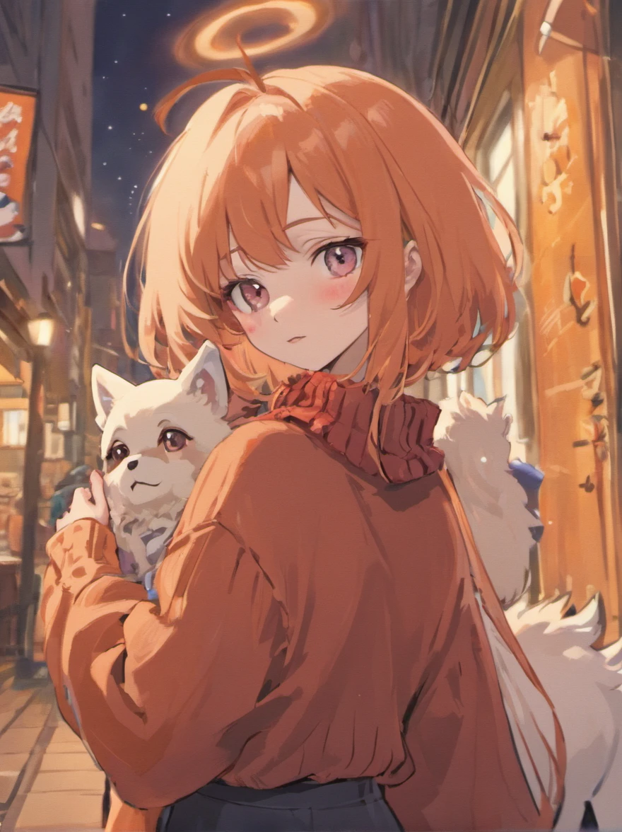 woman with fox ears, furry, 1girl, mature woman,dog ears,fluffy dog tail, bangs, bare_shoulders, redish_hair,glasses, closed_mouth,, lips, long_hair, looking_at_viewer, off-shoulder_sweater, off_shoulder, red_lips, ribbed_sweater, cleavage, solo, sweater, enjoying coffe in a vintage fantasy coffee shop, detailed background,dog collar around neck with leash on .