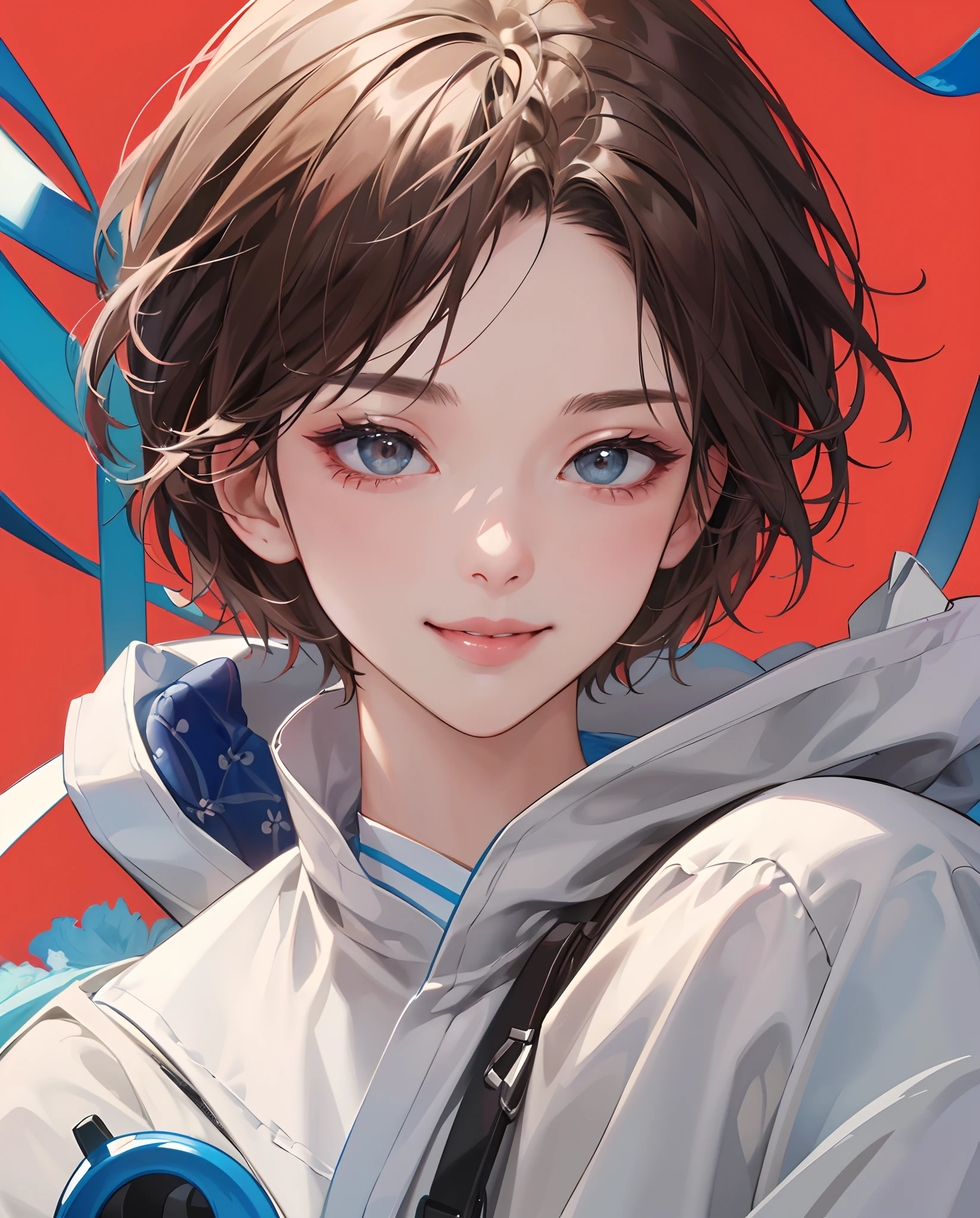 ((top-quality、8k、masterpiece:1.3))、1girl in、a smile、full bodyesbian、Slim Faces、Pretty women、(dark brown hair)、White Doshi:1.1、hyperdetailed face、A detailed eye、二重まぶた、blured background、Slim Faces、fitness、short-cut
