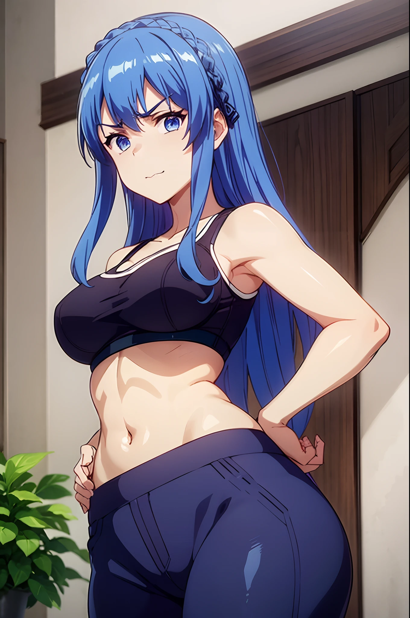 blue hair,blue eyes,masterpiece, best quality, photorealistic, yujiasuit, yoga sports bra, yoga pants, 1girl, solo, , yoga ball, pants, looking at viewer, smile, green sports bra, simple background, , midriff, long hair, breasts, green pants, sportswear, tank top, upper body,((looking disgusted)) very angry disappointed