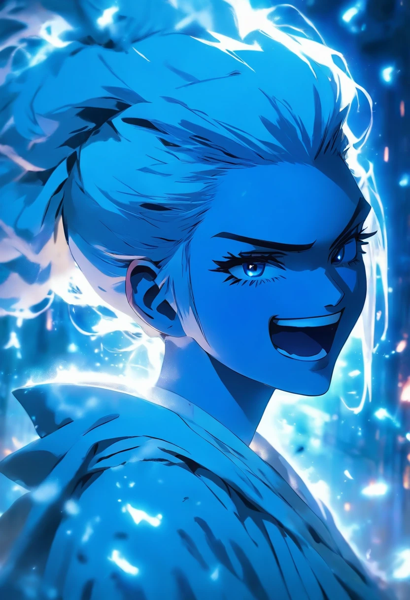 ghostly young woman wearing a white robe with white hair in a ponytail surrounded by dark ruins, shes glowing blue with blue particles around her, photorealistic, cinematic lighting