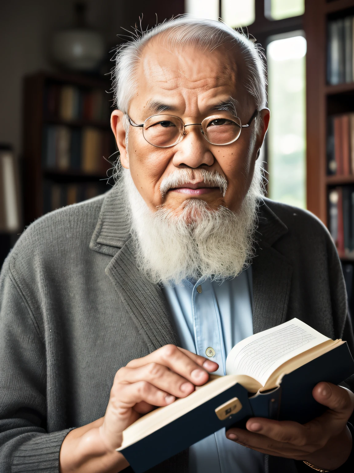 Hyper-Resolution, Ultra photo realsisim, cinema shot, An 80-year-old Asian father,Look at the viewer,Elderly father,Books in hand,Spiritual old man,Single image, Short white hair,White Viking beard, Wide shoulders, High focal length, Bust photo,Faraway view,Digital SLR, Dark Studio, rim lit, twotonelighting, Dimly lit, low tune, Backlight,