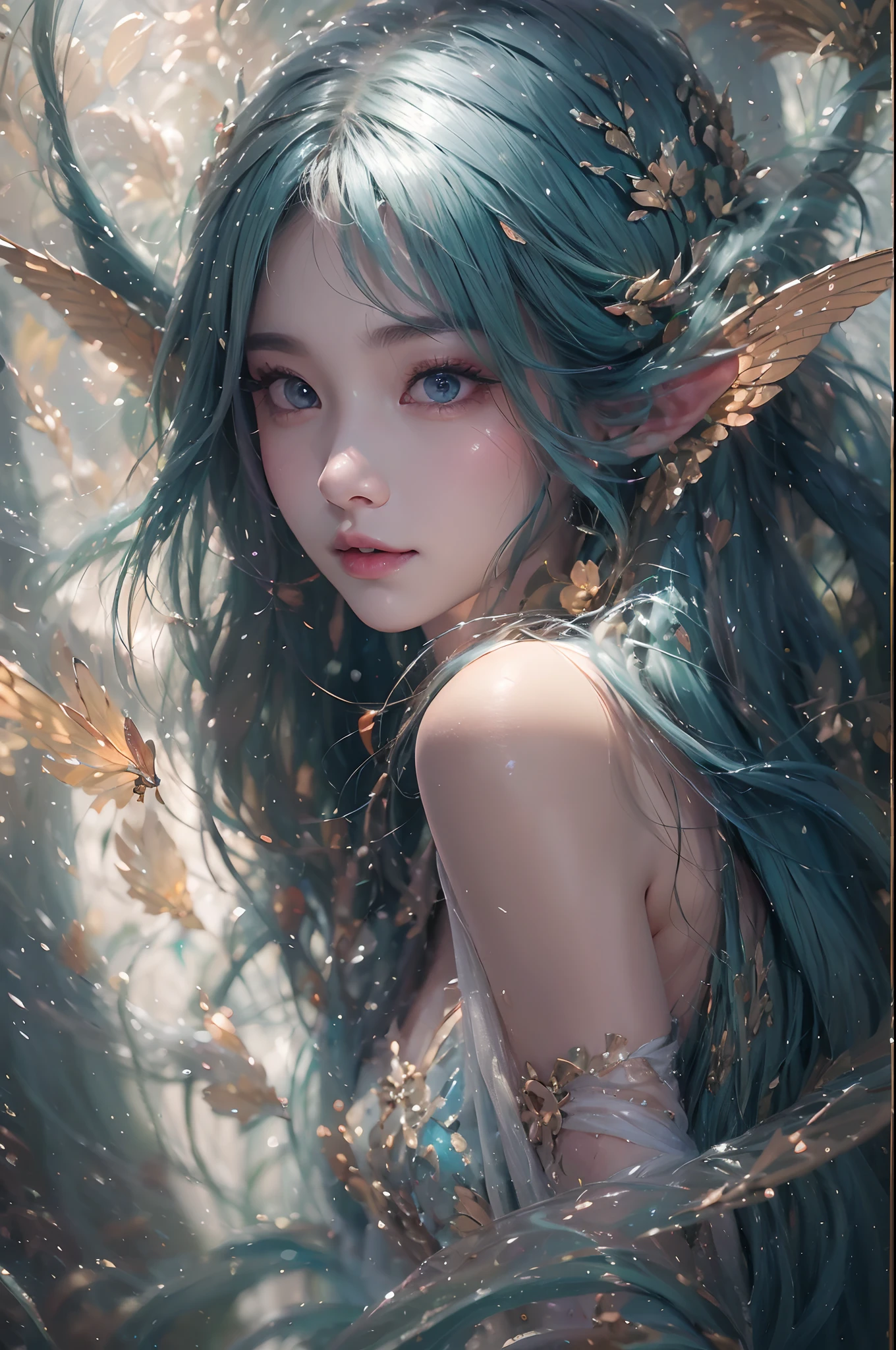 ( Absurd, High quality, Ultra-detailed, Masterpiece, concept-art, smooth, high detail artwork, Hyper-realistic painting ) , elf, Plum elf, plum , Transparent fairy wings, huge tit,low chest,fairytale-like, Romantic, Vivid, Whole body,hand behind back,Malu,largeeyes,(Eye focus),Cosmic eyes,Space eyes,ssmile,In nature with waterfalls,PureErosFace_V1,Urzang-6500-V1 Edition.1,