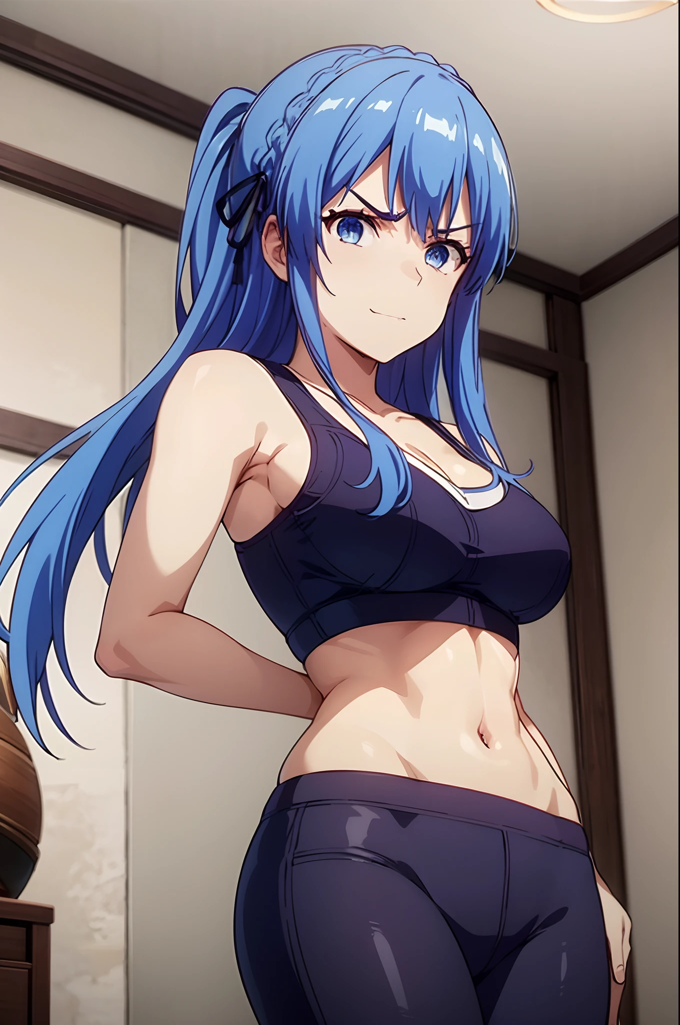 blue hair,blue eyes,masterpiece, best quality, photorealistic, yujiasuit, yoga sports bra, yoga pants, 1girl, solo, , yoga ball, pants, looking at viewer, smile, green sports bra, simple background, , midriff, long hair, breasts, green pants, sportswear, tank top, upper body,((looking disgusted)) very angry disappointed