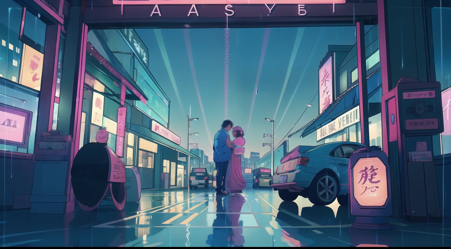 Rain-soaked street, Colorful umbrellas dot the cityscape with blue and pink splashes. Neon sign in retro style、Reflection of wet pavement, Establishment of the Lower Urban Symphony. Soft piano melodies set the mood, Evokes a calm and meditative atmosphere. a person々Flock to a cozy café, While the rain is dancing outside、Drink hot drinks, Turn the city into a serene lofi,motor bikes,A city scape,nighttime scene