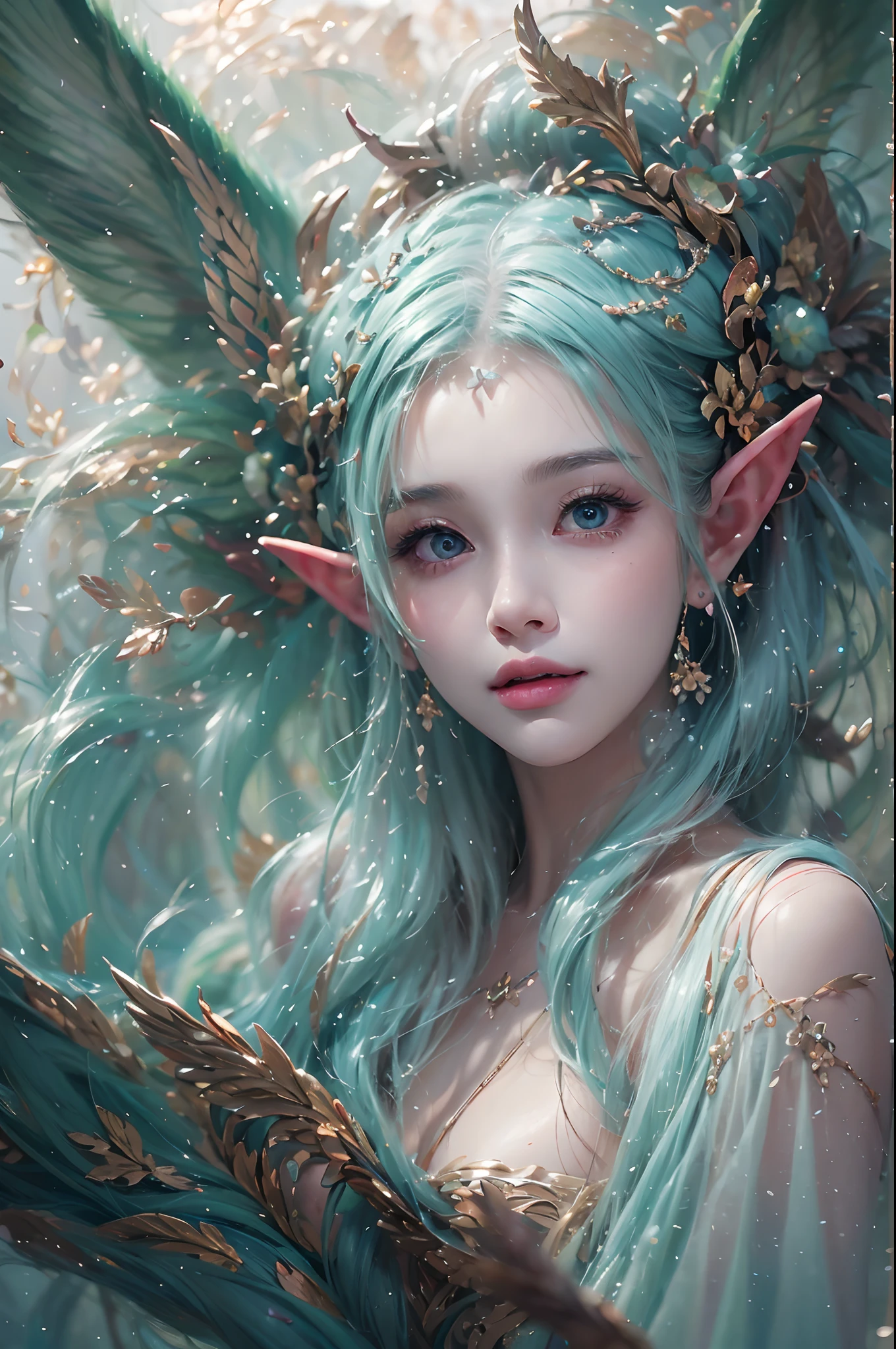 ( Absurd, High quality, Ultra-detailed, Masterpiece, concept-art, smooth, high detail artwork, Hyper-realistic painting ) , elf, Plum elf, plum , Transparent fairy wings, huge tit，low chest，fairytale-like, Romantic, Vivid, Whole body,hand behind back，Malu，largeeyes，（Eye focus），Cosmic eyes，Space eyes，ssmile，In nature with waterfalls，PureErosFace_V1，Urzang-6500-V1 Edition.1，