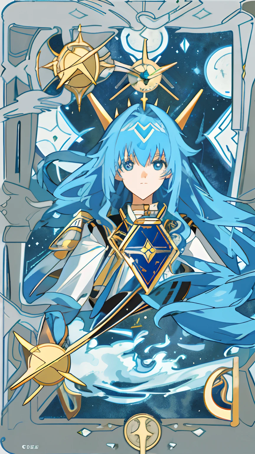 （A high resolution，ultra - detailed）tarot cards，1girll，blue long hair，Face focus，Background astrological elements，Ark of Tomorrow character Lapland