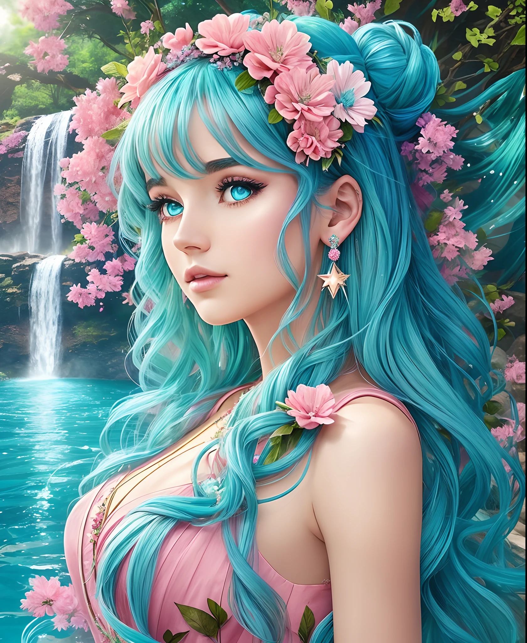 a goddess with blue aqua hair, wearing a pink dress, star earrings, flowers on head, beautiful face, gorgeous body, waterfalls background --auto --s2