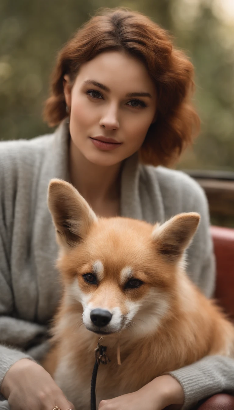 woman with fox ears, furry, 1girl, mature woman,dog ears,fluffy dog tail, bangs, bare_shoulders, redish_hair,glasses, closed_mouth,, lips, long_hair, looking_at_viewer, off-shoulder_sweater, off_shoulder, red_lips, ribbed_sweater, cleavage, solo, sweater, enjoying coffe in a vintage fantasy coffee shop, detailed background,dog collar around neck with leash on .