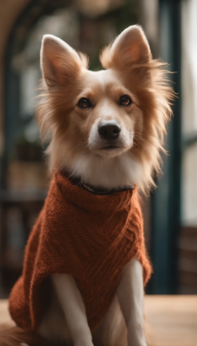 woman with fox ears, furry, 1girl, mature woman,dog ears,fluffy dog tail, bangs, bare_shoulders, redish_hair,glasses, closed_mouth,, lips, long_hair, looking_at_viewer, off-shoulder_sweater, off_shoulder, red_lips, ribbed_sweater, cleavage, solo, sweater, enjoying coffe in a vintage fantasy coffee shop, detailed background,dog collar around neck with leash on .