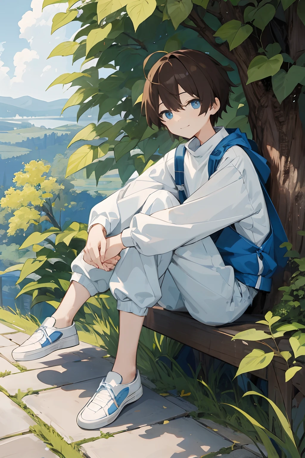 (Top quality illustrations:1.2)、(Male child:1.0)、(独奏:1.0)、(Outdoor Clothing:1.0)、(The upper part of the body:1.0)、(ultra-detailliert) 、hight resolution、(8K:1.0) 、brown haired、light blue eyes、beautidful eyes、Cool smile、enjoyably、Short pants、Knee-Length Pants、Physical education sitting、Hanging one leg、Put your hands on one knee、sit、Add parentheses、A young man、full body Esbian、masutepiece、white backgrounid、masterpiece、Top image quality、top-quality、Details of face、A detailed eye、looking at the viewers、high-level image quality
