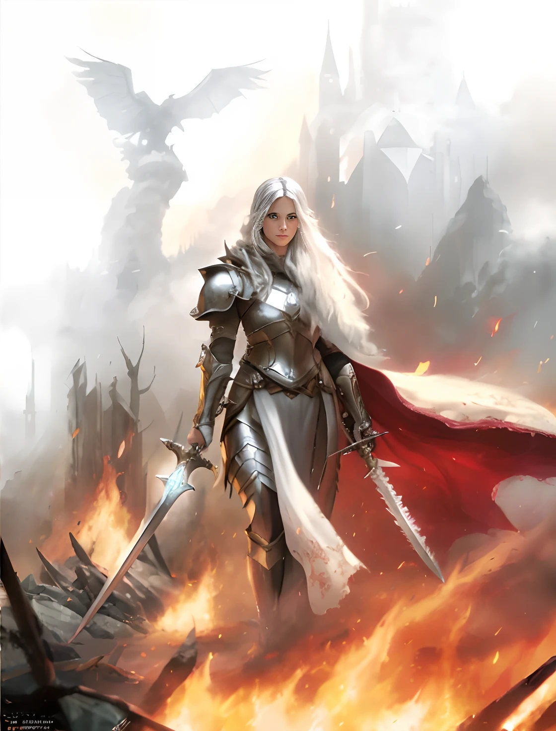 a woman with a sword in her left hand and a sword in her right hand walking through a fire, fantasy paladin woman, a beautiful silver white haired female knight, graphic artist magali villeneuve, gorgeous female paladin with a menacing smile, high quality fantasy art, epic fantasy character art, (realistic, photo-realistic:1.37), (insanely detailed:1.3), 8k, (masterpiece), (best quality:1.4), (ultra high res:1.2), (RAW photo:1.2), professional lighting, cinematic realism