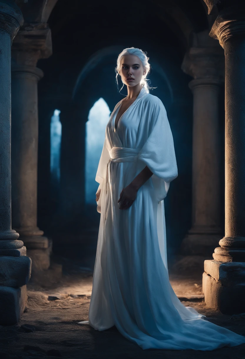 ghostly young woman wearing a white robe with white hair in a ponytail surrounded by dark ruins, shes glowing blue with blue particles around her, photorealistic, cinematic lighting
