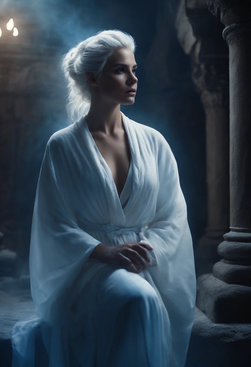 ghostly young woman wearing a white robe with white hair in a ponytail surrounded by dark ruins, shes glowing blue with blue particles around her, photorealistic, cinematic lighting