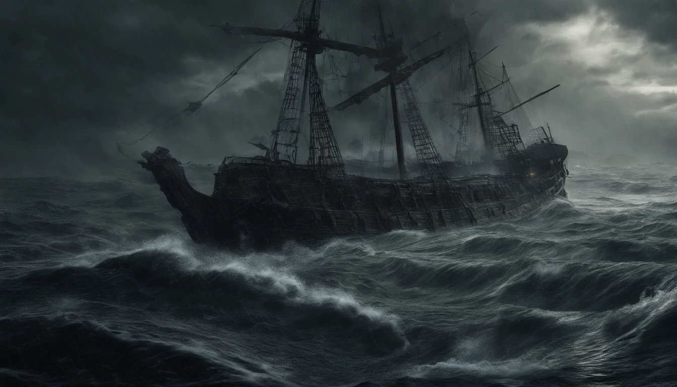 (best quality,4k,8k,highres,masterpiece:1.2),ultra-detailed,(realistic,photorealistic,photo-realistic:1.37),horror,sea monster,kraken,terrifying,unleashing fury,ship chaos,dynamic waves,foggy atmosphere,destruction,desperate crew,impending doom,dramatic lighting,intense action,ominous tentacles,dark water,massive creature,stormy sky,blurred horizon,ailing vessel,splintered wood,menacing presence,menacing eyes,huge size,shipwrecked,violence,panic,overwhelming power,devastation