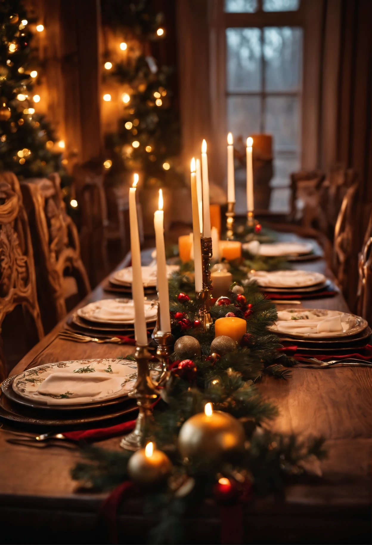 a beautiful wooden table, decorated for a Christmas dinner with all the details and symbols of the occasion.
