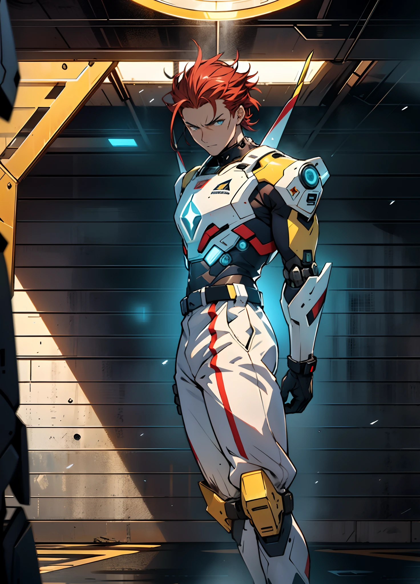 A man with short red-gold hair, hair slicked back, thick and disheveled hair, a cold and ruthless gaze, a confident expression, wears a two-piece futuristic military-style uniform, primarily in shades of white and red, accented by touches of yellow, streamlined wristguard gloves, matching trousers, he stands in a futuristic sci-fi-style hangar housing a colossal mech, stands within a futuristic sci-fi hangar, where a colossal mech is stationed, this character embodies a finely crafted futuristic military officer in anime style, characterized by an exquisite and mature manga illustration art style, high definition, best quality, highres, ultra-detailed, ultra-fine painting, extremely delicate, professional, anatomically correct, symmetrical face, extremely detailed eyes and face, high quality eyes, creativity, RAW photo, UHD, 8k, Natural light, cinematic lighting, masterpiece:1.5