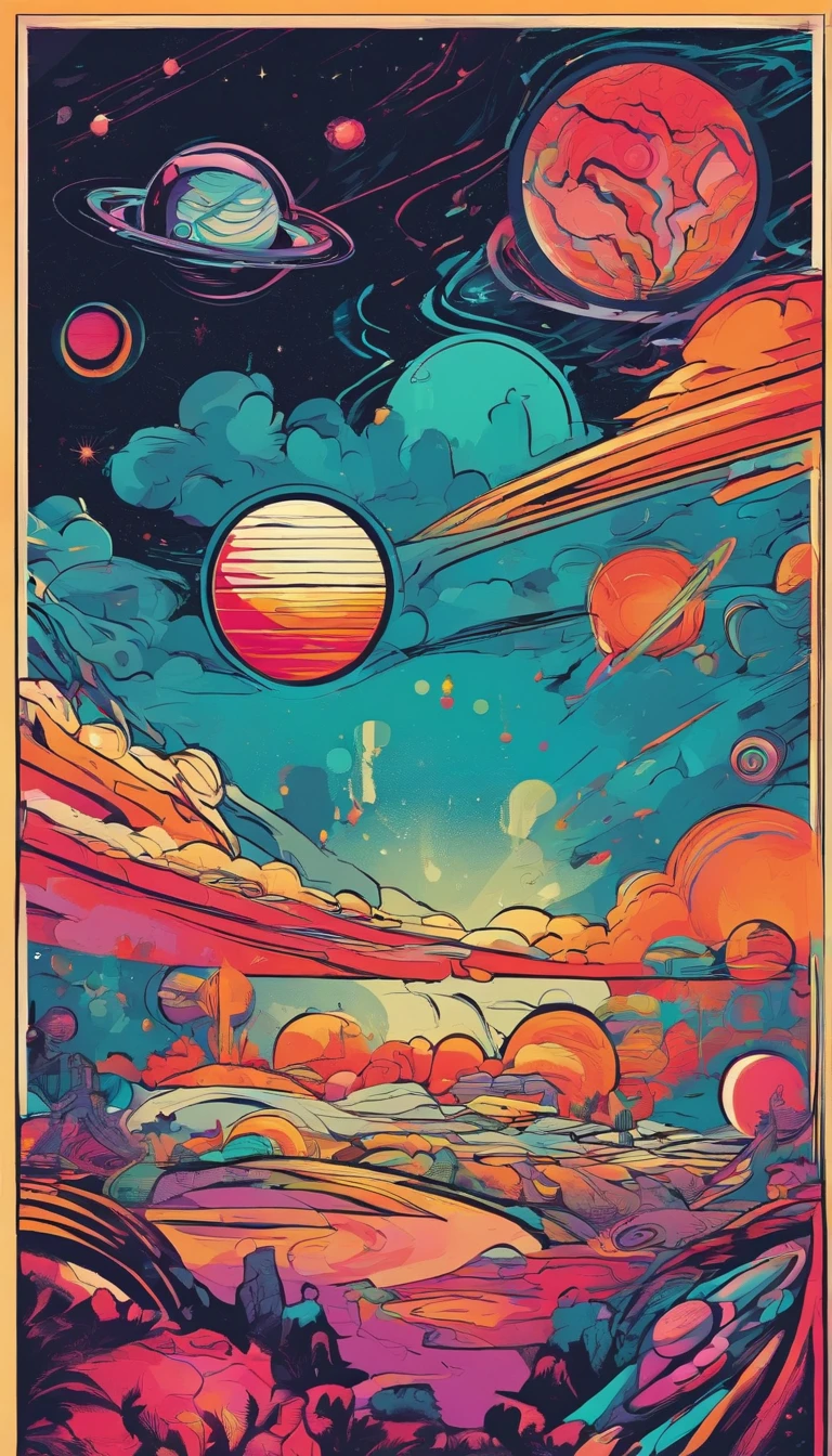 Colorful futuristic space illustration，There's a planet in the middle, a beautiful artwork illustration