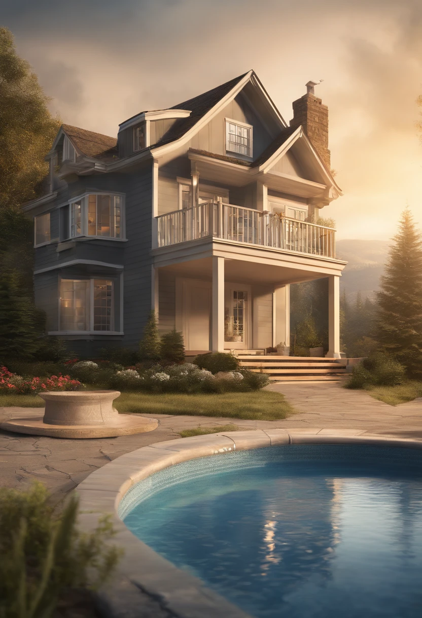 a picture illustration of a house with a water well and a house in the background, a digital rendering by Ben Zoeller, shutterstock, conceptual art, passive house, rendering, heat, heated coils, conceptual, promo image, digital rendering, draincore, photo illustration, photograph credit: ap, apartment complex made of tubes, rendered illustration, pre-rendered