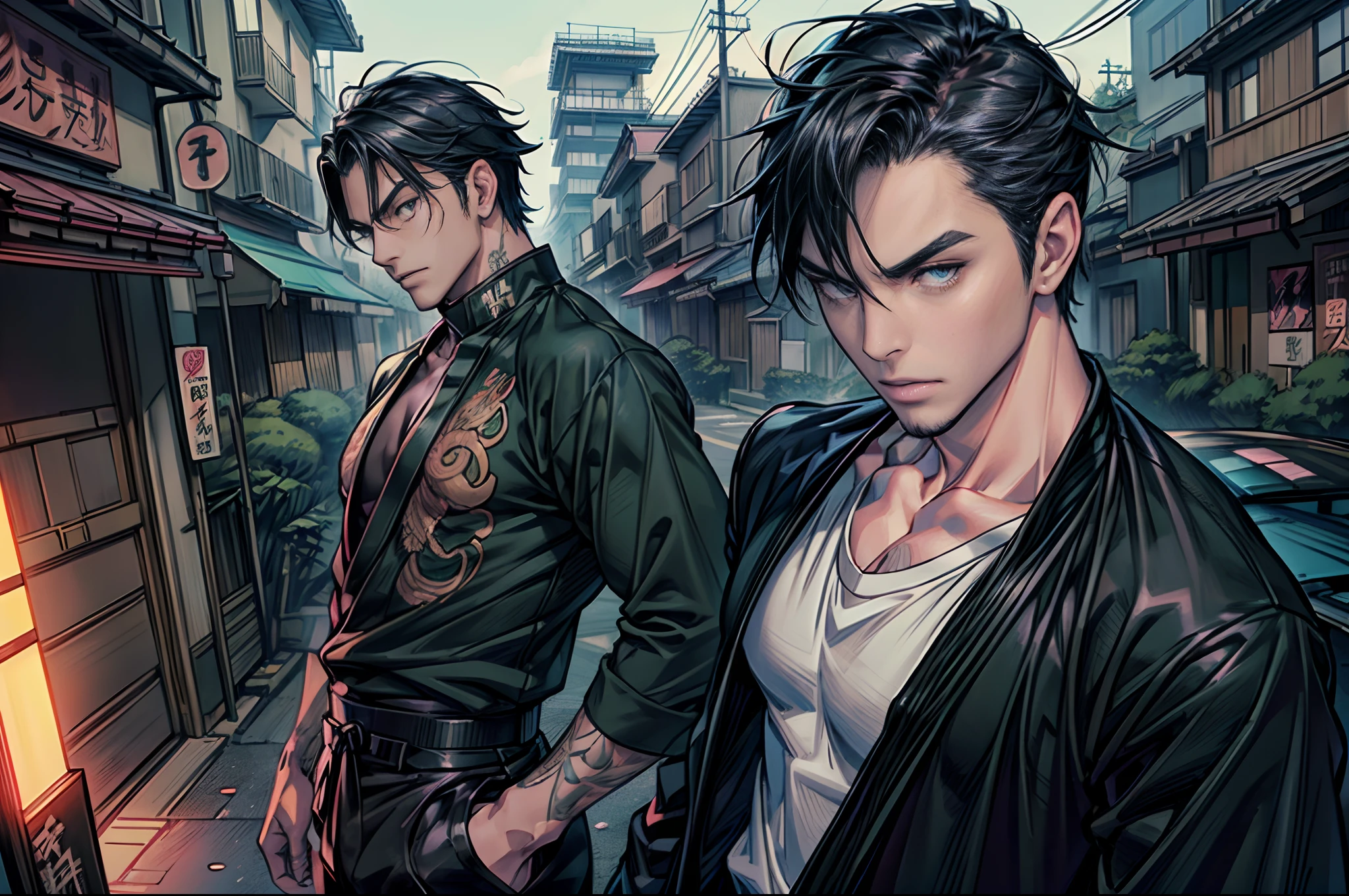 Five Yakuza, Cinematic Full Shot Camera, ((((High detailed)))), (Camera FS), art style, Ground Level Camera, (Perfect Bodies), (Perfect face), (Perfect eye), Dangerous, bad Ass, standing in front of the car, epic, male, Anime style, vector illustration, (((Ghibli studio))), Makoto Shinkai, Black, ((((High detailed Face)))), Color full