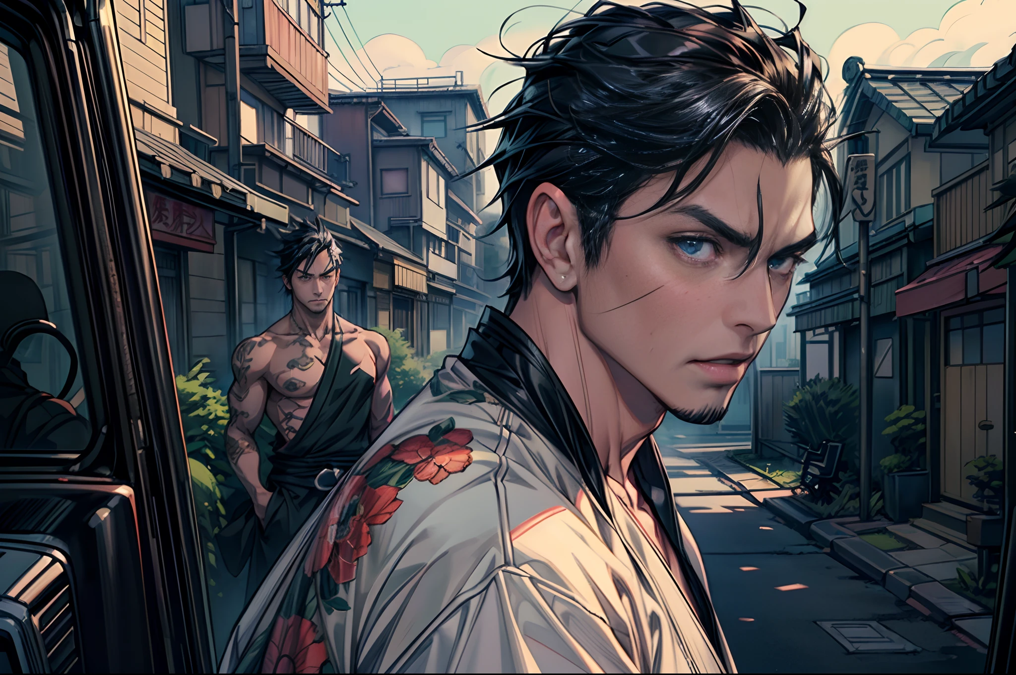 Five Yakuza, Cinematic Full Shot Camera, ((((High detailed)))), (Camera FS), art style, Ground Level Camera, (Perfect Bodies), (Perfect face), (Perfect eye), Dangerous, bad Ass, standing in front of the car, epic, male, Anime style, vector illustration, (((Ghibli studio))), Makoto Shinkai, Black, ((((High detailed Face)))), Color full