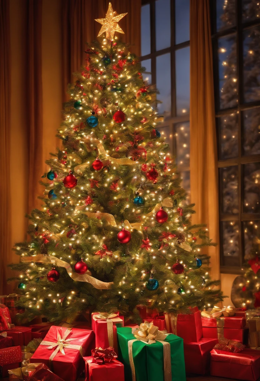 A beautiful Christmas tree, extremely tall, colorful and full of lights, is full of gifts at the foot of it.