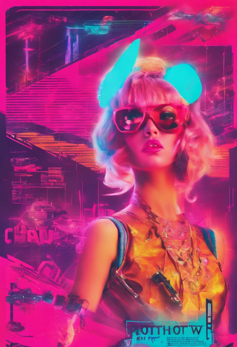 Create a collage - style Movie poster design using Polaroid camera - inspired frames. Include a mix of candid and iconic photos of Cyberpunk Barbie from various stages of her career. Arrange them in an artistic and visually pleasing way, with handwritten notes or moments in the margins, abstract vibrant, minimalistic :: highly stylized experimental photography, taken with a highly realistic Canon 35 mm photography + photo collage, Cyberpunk Barbie Movie Poster