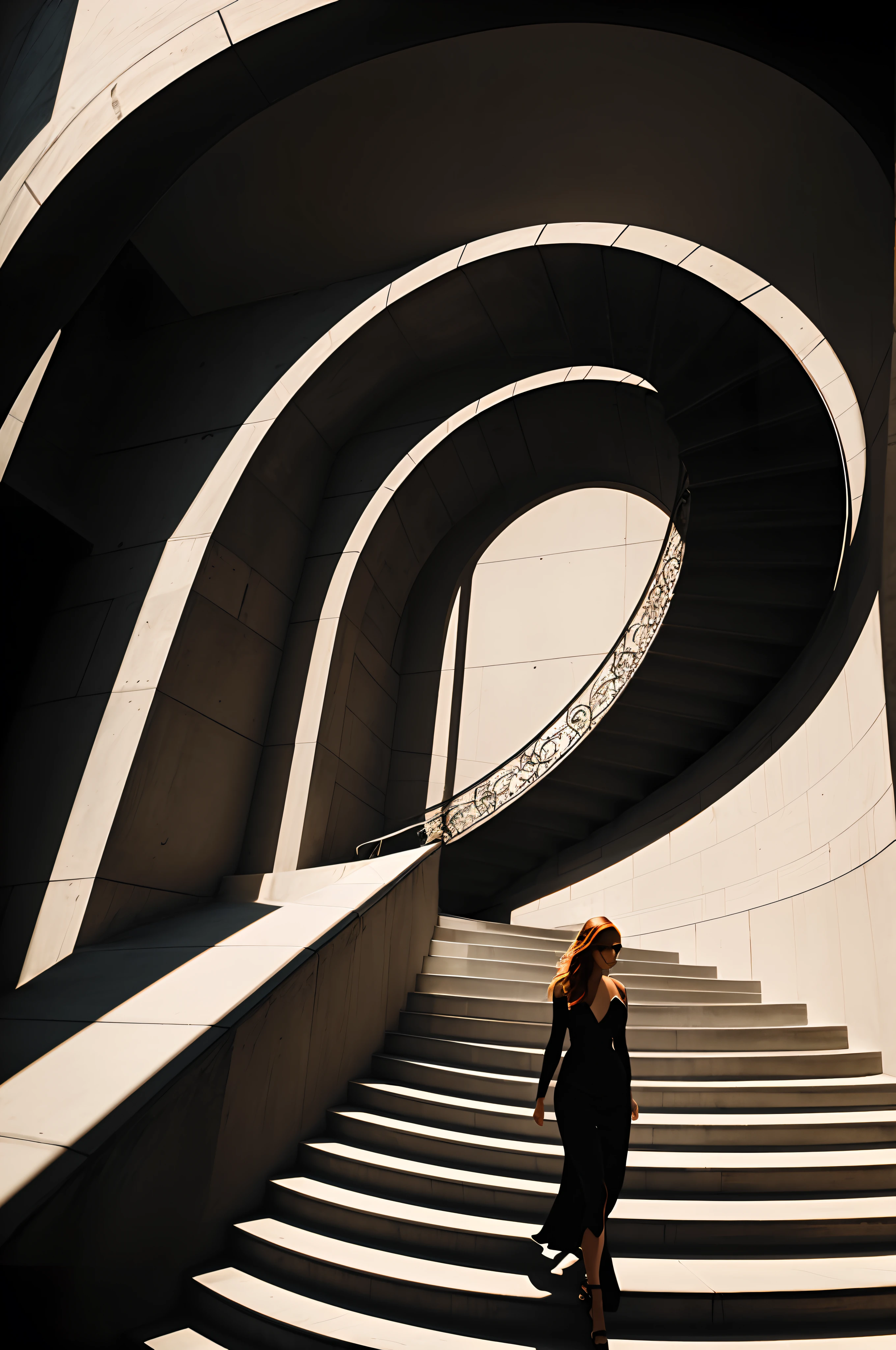 a portrait photograph of a woman walking down a spiral shaped staircase where shadows of the railings and shadow of herself create an artistic pattern together. picture should be of high contrast and of minimal colors like black, orange, beige mainly. Shadows should fall in the same direction.