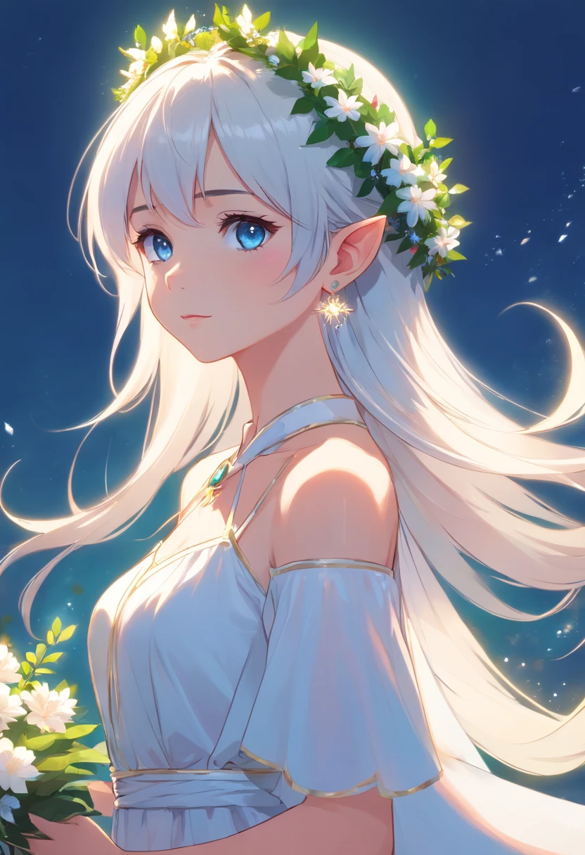 Elf Girl, white hair, long hair, blue eyes, earrings, standing, white Greece dress, translucent dress, wreath