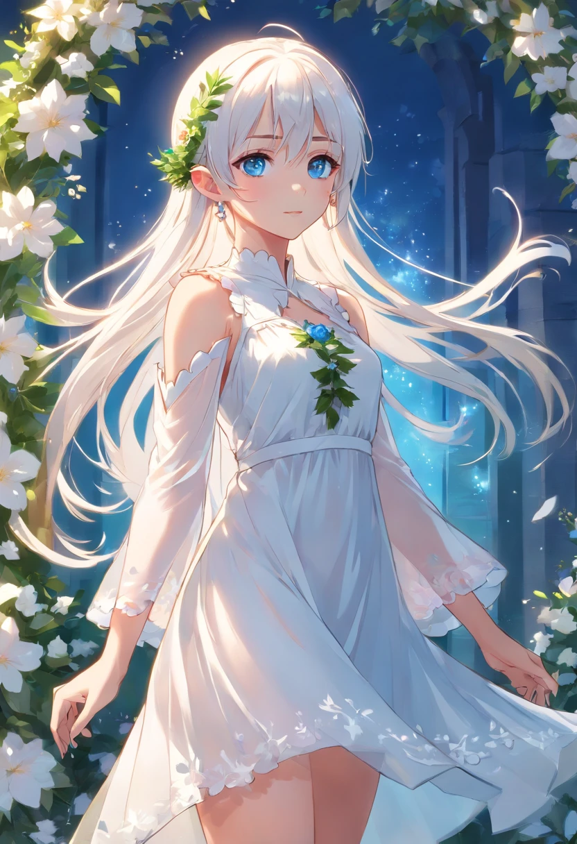 Elf Girl, white hair, long hair, blue eyes, earrings, standing, white Greece dress, translucent dress, wreath