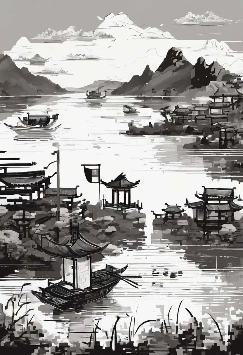 Chinese style,Ink painting style,Black and white painting,Boats in the lake