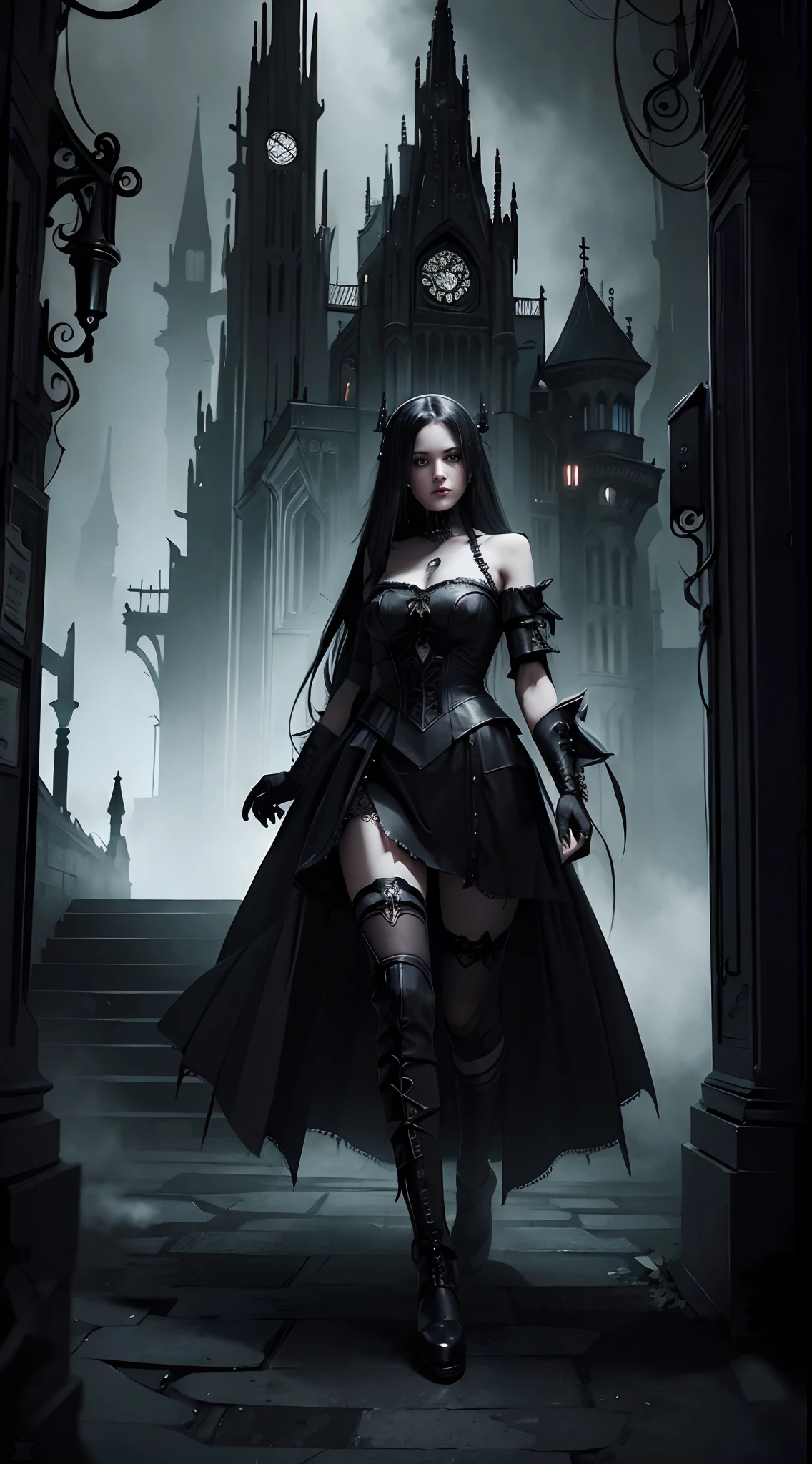(Best Quality,4K,High resolution), 18yo woman, Red mesh hair on black hair, Long hair, Straight hair, , Comical appearance,Alafed woman in black dress walks through the city, rococo cyberpunk, gothic - cyberpunk, gothic city streets behind her, ornamental gothic - cyberpunk, Gothic and the future, Alice in Wonderland Cyberpunk, Cyberpunk Dress, Cyberpunk High Fashion, inspired victorian sci - fi, seductive cyberpunk dark fantasy, dark fantasy style, Dark Cyberpunk, Gothic Maiden anime girl, victorian gothic lolita fashion