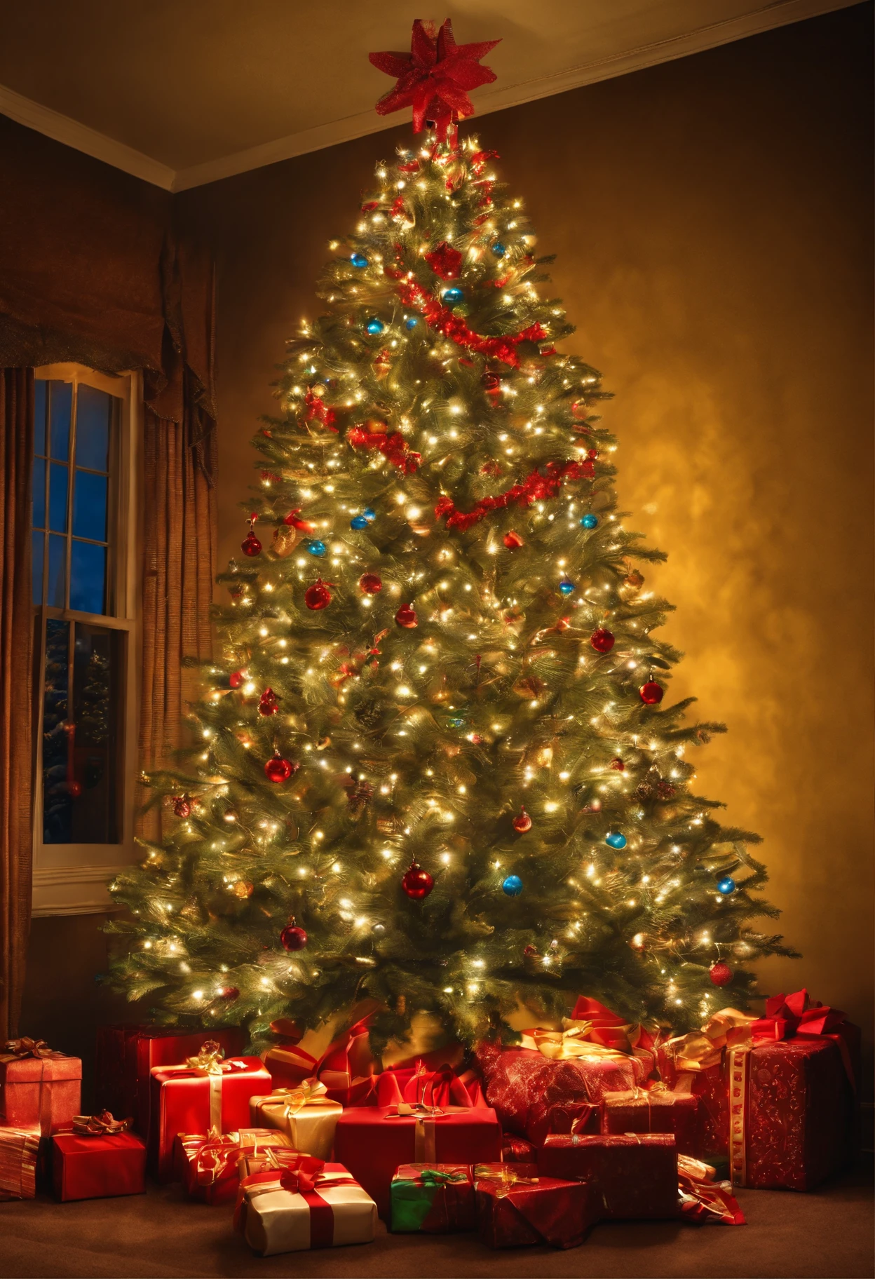 A beautiful Christmas tree, extremely tall, colorful and full of lights, is full of gifts at the foot of it.