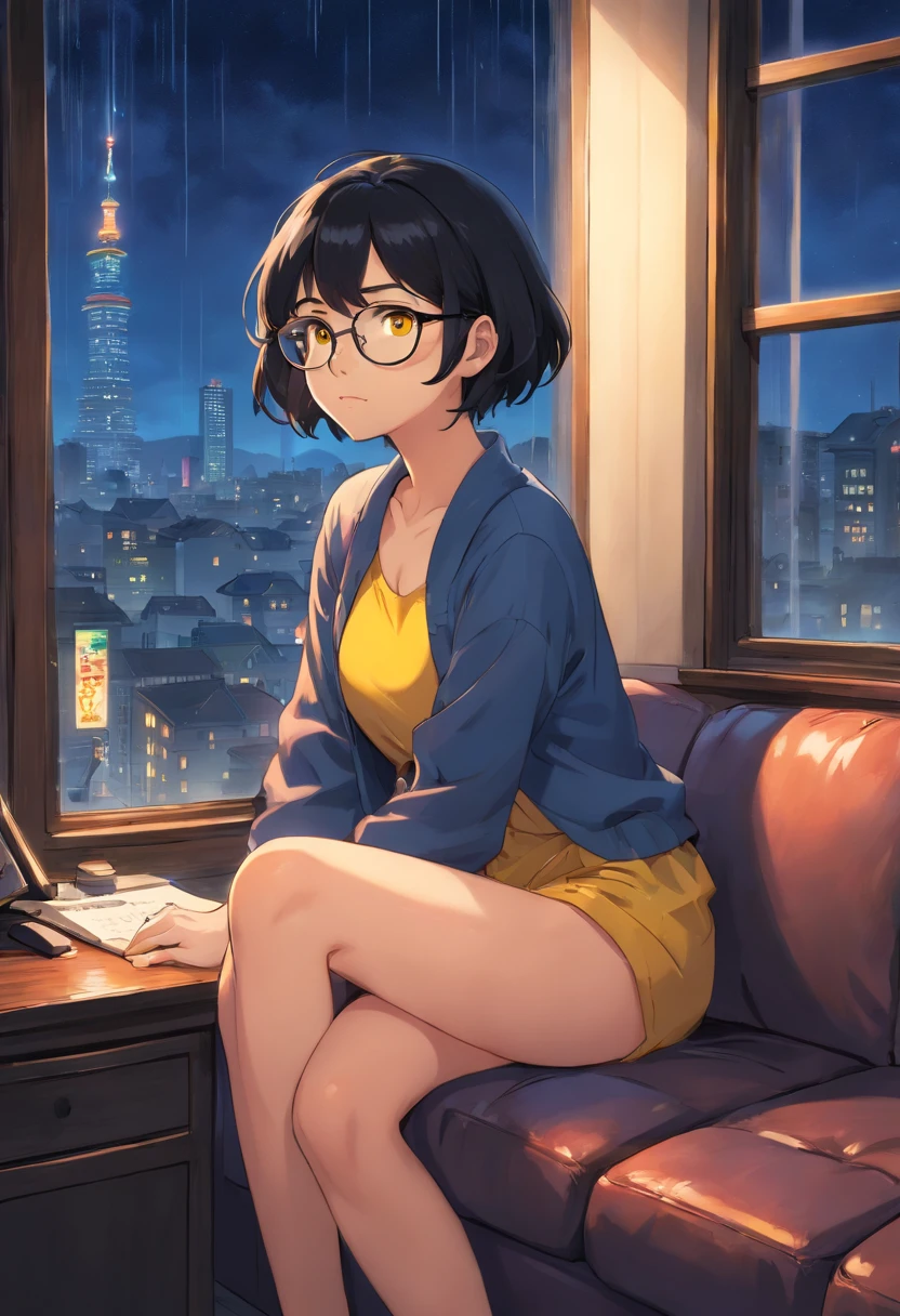 1girl, short black hair, yellow eyes, cute glasses, curvy, thick, busty, librarian, inside room, curled up on couch, sitting by window, window view of a city, rain, night sky, night city, absurdres, high res, ultrasharp, 8K, masterpiece, looking at viewer