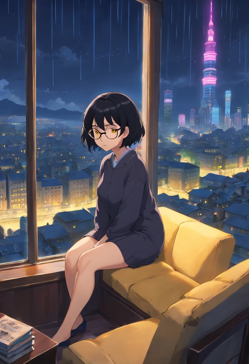 1girl, short black hair, yellow eyes, cute glasses, curvy, thick, busty, librarian, inside room, curled up on couch, sitting by window, window view of a city, rain, night sky, night city, absurdres, high res, ultrasharp, 8K, masterpiece, looking at viewer