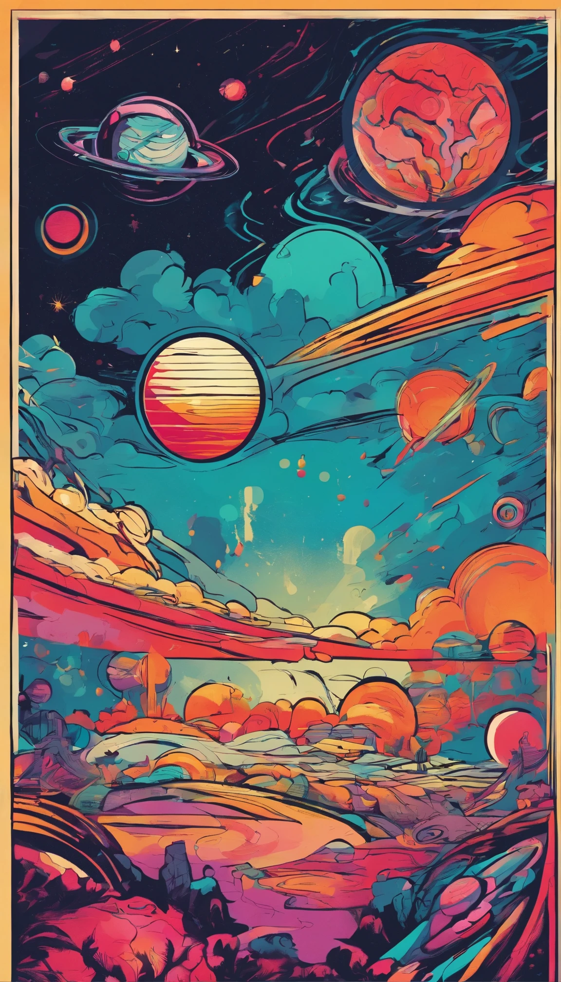 Colorful futuristic space illustration,There's a planet in the middle, a beautiful artwork illustration