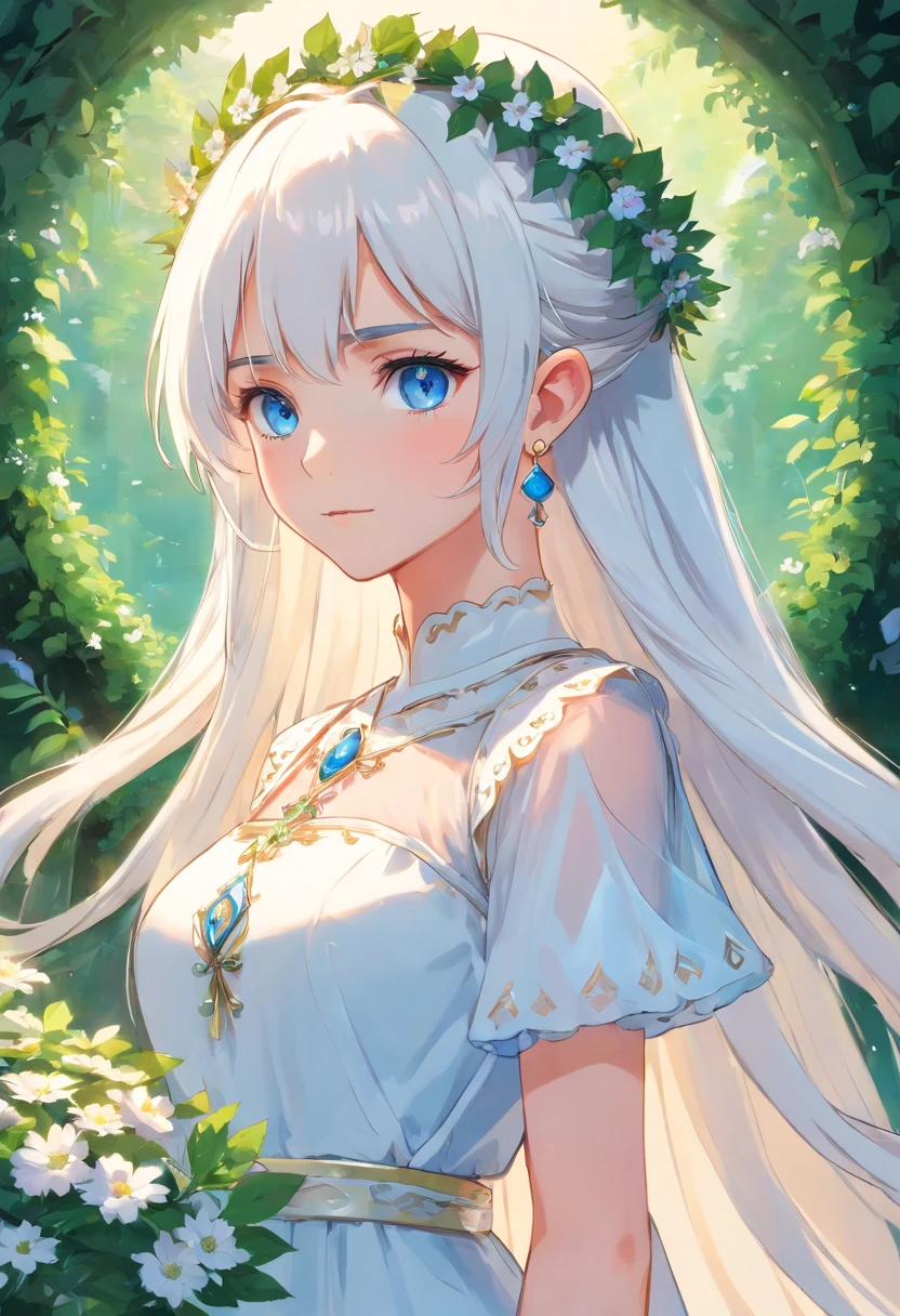 Elf Girl, white hair, long hair, blue eyes, earrings, standing, white Greece dress, translucent dress, wreath