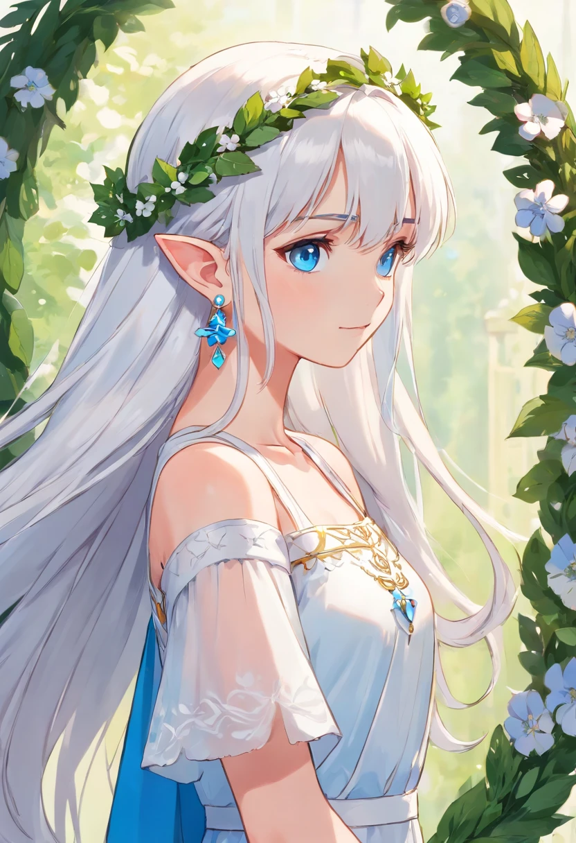 Elf Girl, white hair, long hair, blue eyes, earrings, standing, white Greece dress, translucent dress, wreath