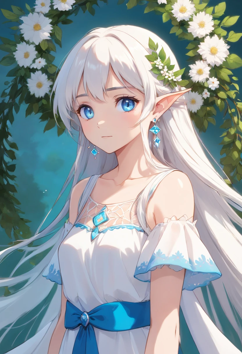 Elf Girl, white hair, long hair, blue eyes, earrings, standing, white Greece dress, translucent dress, wreath