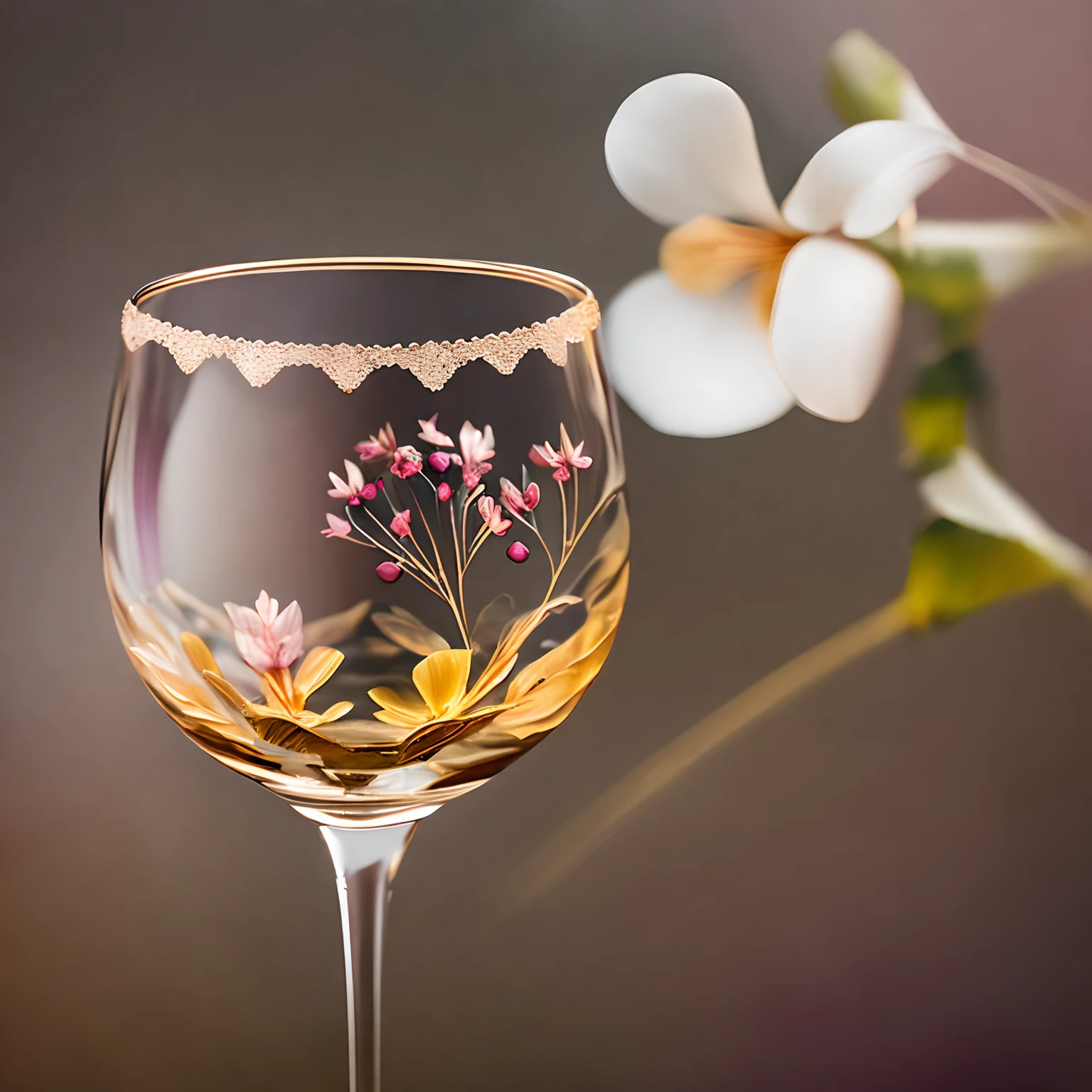 A captivating double exposure image that seamlessly blends the delicate petals of a blooming flower with the elegant contours of a crystal wine glass, creating an ethereal and harmonious composition that exudes beauty and fragility, Photography, DSLR with a macro lens.