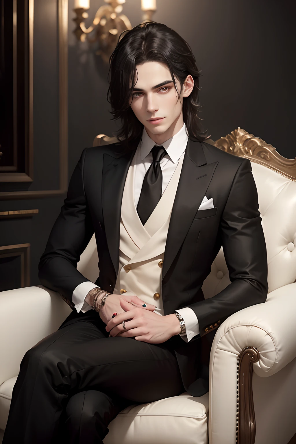 handsome young man, a delicate, effeminate face, white and pale face, black hair, medium-length hair that went down to his shoulders, hair divided in half wearing a black and velvety suit. yellow eyes. Serious expression and malicious smile. Sitting in a cross-legged armchair in a luxurious environment. sexy, slim and defined body, full mouth. nails painted black.