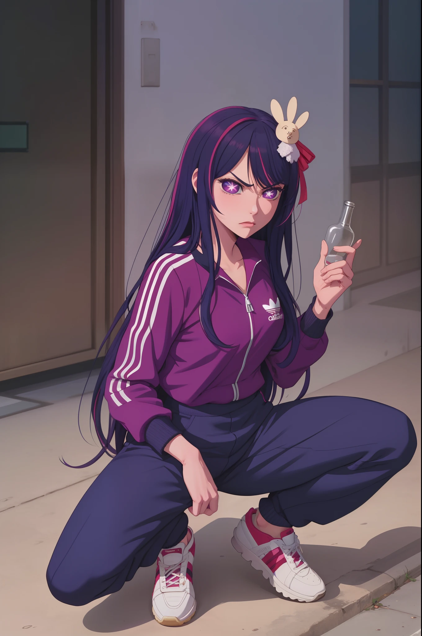 a very confidant badass arrogant cocky boss bitch attitude Hoshino Ai, long hair, purple hair, streaked hair ,purple eyes, star-shaped pupils, hair ornament, wearing adidas tracksuit slav squatting with both of her hands in her pants pockets with a mean face with a bottle of whisky next to her