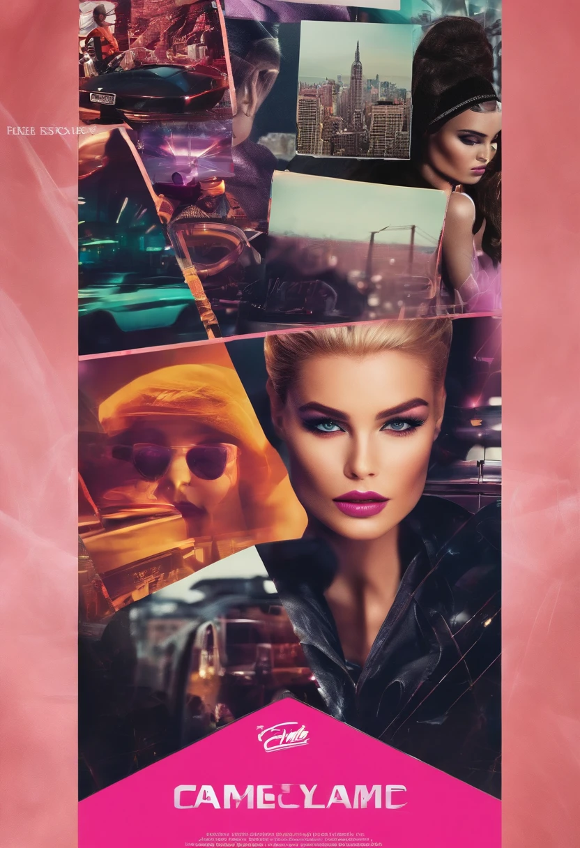 Create a collage - style Movie poster design using Polaroid camera - inspired frames. Include a mix of candid and iconic photos of Cyberpunk Barbie from various stages of her career. Arrange them in an artistic and visually pleasing way, with handwritten notes or moments in the margins, abstract vibrant, minimalistic :: highly stylized experimental photography, taken with a highly realistic Canon 35 mm photography + photo collage, Cyberpunk Barbie Movie Poster