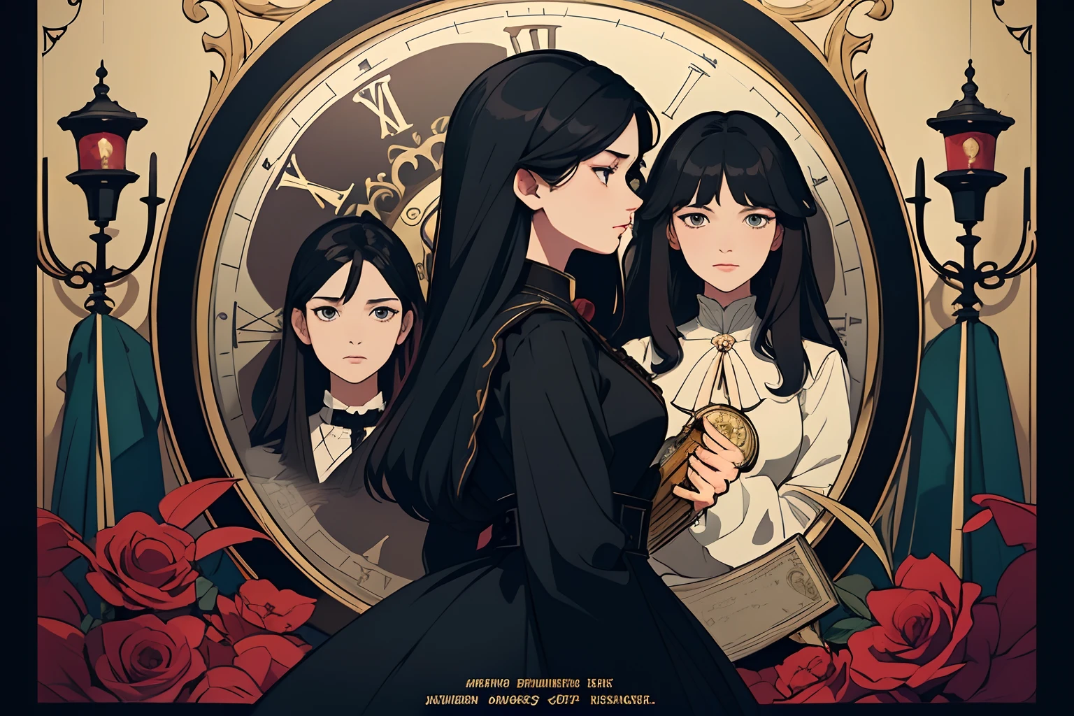 beautiful and asethetic, masterpiece, movie poster, best quality, drawing of a side view of a long black haired woman with a high collared black long sleeved victorian dress dramatic pose in front of large clocks, bright colors, by james jean style, fantastical elements